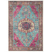 Bold Teal Blue Pink Persian Style Washable Non Slip Rug 160x230cm