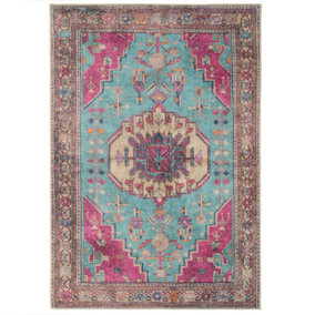 Bold Teal Blue Pink Persian Style Washable Non Slip Rug 80x150cm
