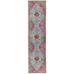 Bold Teal Blue Pink Persian Style Washable Non Slip Runner Rug 60x240cm