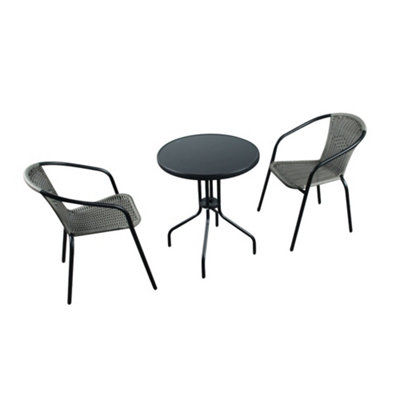 Bolero 2 Seat Grey Rattan Bistro Set Black Glass