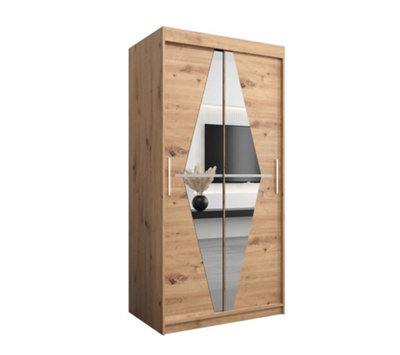Boliwia Contemporary 2 Mirrored Sliding Door Wardrobe 5 Shelves 2 Rails Artisan Oak Effect (H)2000mm (W)1000mm (D)620mm