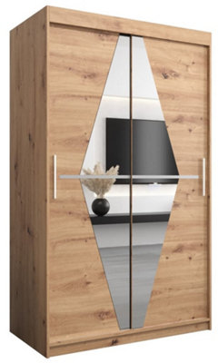 Boliwia Contemporary 2 Mirrored Sliding Door Wardrobe 5 Shelves 2 Rails Artisan Oak Effect (H)2000mm (W)1200mm (D)620mm