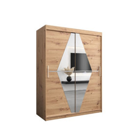 Boliwia Contemporary 2 Mirrored Sliding Door Wardrobe 5 Shelves 2 Rails Artisan Oak Effect (H)2000mm (W)1500mm (D)620mm