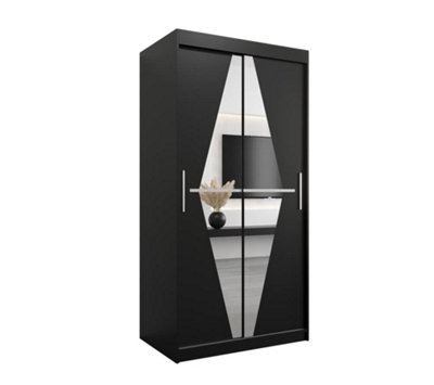 Boliwia Contemporary 2 Mirrored Sliding Door Wardrobe 5 Shelves 2 Rails Black (H)2000mm (W)1000mm (D)620mm