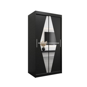 Boliwia Contemporary 2 Mirrored Sliding Door Wardrobe 5 Shelves 2 Rails Black (H)2000mm (W)1000mm (D)620mm