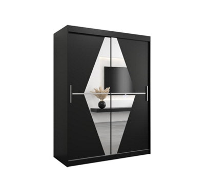 Boliwia Contemporary 2 Mirrored Sliding Door Wardrobe 5 Shelves 2 Rails Black (H)2000mm (W)1500mm (D)620mm