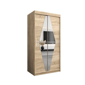 Boliwia Contemporary 2 Mirrored Sliding Door Wardrobe 5 Shelves 2 Rails Sonoma Oak Effect (H)2000mm (W)1000mm (D)620mm