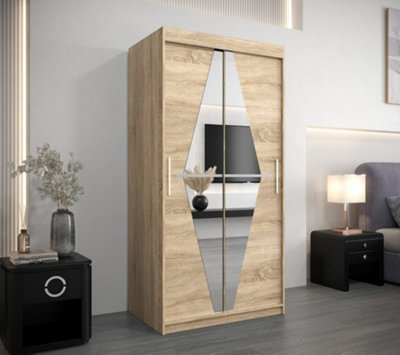 Boliwia Contemporary 2 Mirrored Sliding Door Wardrobe 5 Shelves 2 Rails Sonoma Oak Effect (H)2000mm (W)1000mm (D)620mm