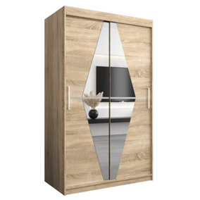 Boliwia Contemporary 2 Mirrored Sliding Door Wardrobe 5 Shelves 2 Rails Sonoma Oak Effect (H)2000mm (W)1200mm (D)620mm