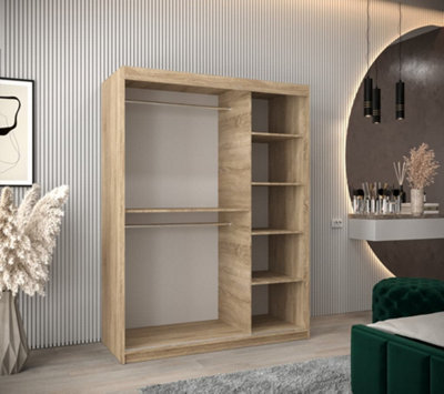 Boliwia Contemporary 2 Mirrored Sliding Door Wardrobe 5 Shelves 2 Rails Sonoma Oak Effect (H)2000mm (W)1500mm (D)620mm