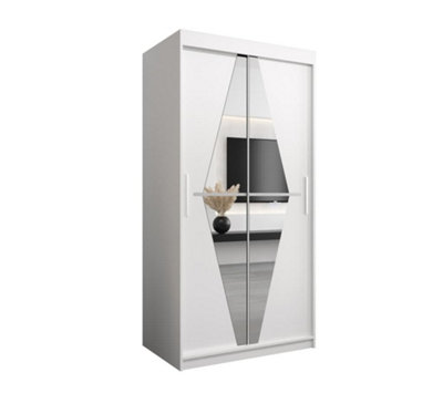 Boliwia Contemporary 2 Mirrored Sliding Door Wardrobe 5 Shelves 2 Rails White (H)2000mm (W)1000mm (D)620mm