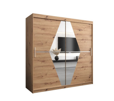 Boliwia Contemporary 2 Mirrored Sliding Door Wardrobe 9 Shelves 2 Rails Artisan Oak Effect (H)2000mm (W)2000mm (D)620mm