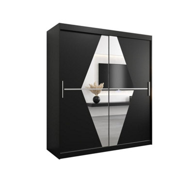 Boliwia Contemporary 2 Mirrored Sliding Door Wardrobe 9 Shelves 2 Rails Black (H)2000mm (W)1800mm (D)620mm