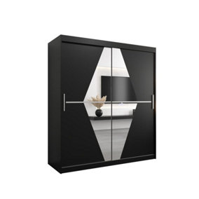 Boliwia Contemporary 2 Mirrored Sliding Door Wardrobe 9 Shelves 2 Rails Black (H)2000mm (W)1800mm (D)620mm