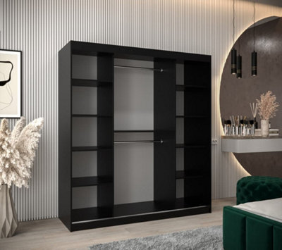 Boliwia Contemporary 2 Mirrored Sliding Door Wardrobe 9 Shelves 2 Rails Black (H)2000mm (W)1800mm (D)620mm