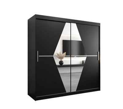 Boliwia Contemporary 2 Mirrored Sliding Door Wardrobe 9 Shelves 2 Rails Black (H)2000mm (W)2000mm (D)620mm