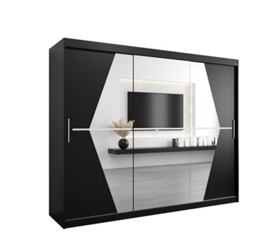 Boliwia Contemporary 2 Mirrored Sliding Door Wardrobe 9 Shelves 2 Rails Black (H)2000mm (W)2500mm (D)620mm