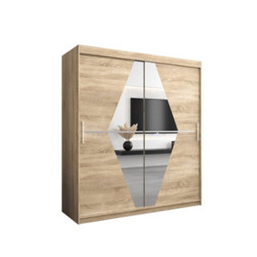Boliwia Contemporary 2 Mirrored Sliding Door Wardrobe 9 Shelves 2 Rails Sonoma Oak Effect (H)2000mm (W)1800mm (D)620mm