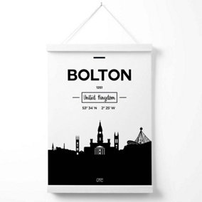 Bolton Black and White City Skyline Poster with Hanger / 33cm / White