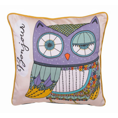 Bonjour Owl Animal Print 100% Cotton Filled Cushion