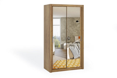 Bono Mirrored Sliding Door Wardrobe in Oak Golden - Compact Design for Small Spaces - W1200mm x H2150mm x D620mm