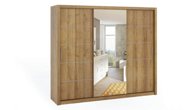 Bono Sliding Door Wardrobe with Centre Mirror - Spacious Bedroom Storage in Oak Golden - W2500mm x H2150mm x D620mm