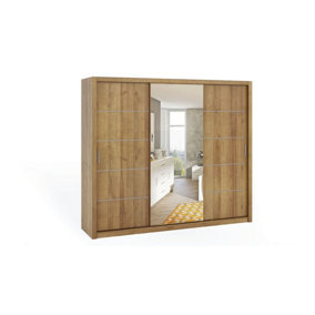 Bono Sliding Door Wardrobe with Centre Mirror - Spacious Bedroom Storage in Oak Golden - W2500mm x H2150mm x D620mm