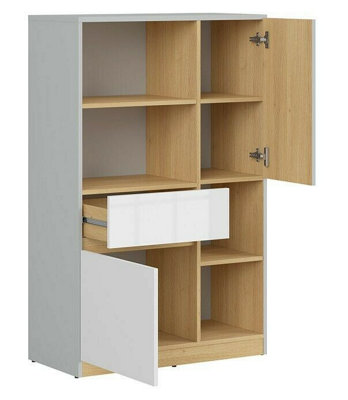 Bookcase Shelving Unit Open Storage Drawer Cabinet White Gloss Light Grey Nandu