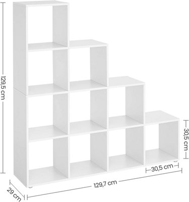 Bookcase Staircase Shelf, 10-Cube Storage Unit, Wooden Display Rack, Free Standing Shelf, Room Divider Step Rack, White, LBC10WTV1