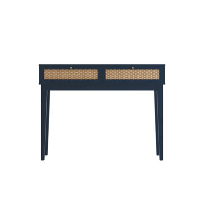 Bordeaux Blue Dressing Table - Rattan Front Panels, Gold Handles & 2 Drawers