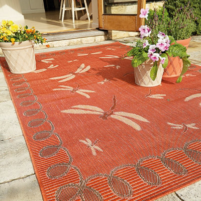 Bordeaux Dragonfly Garden Patio Rug - Weatherproof, Mould & Mildew Resistant Indoor Outdoor Mat - Rectangular 60 x 120cm