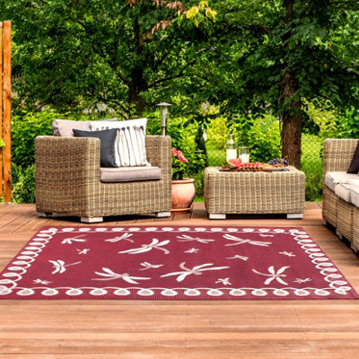 Bordeaux Dragonfly Garden Patio Rug - Weatherproof, Mould & Mildew Resistant Indoor Outdoor Mat - Rectangular 80 x 150cm
