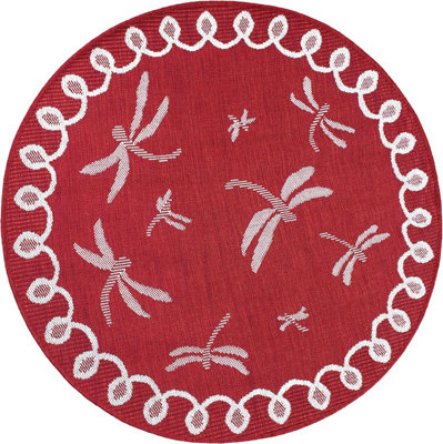 Bordeaux Dragonfly Garden Patio Rug - Weatherproof, Mould & Mildew Resistant Indoor Outdoor Mat - Round 120cm Diameter