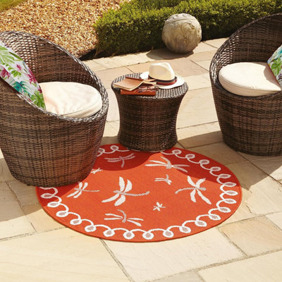 Bordeaux Dragonfly Garden Patio Rug - Weatherproof, Mould & Mildew Resistant Indoor Outdoor Mat - Round 160cm Diameter