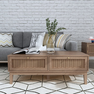 Bordeaux Rattan Oak Coffee Table - Boho Chic with Luxe Gold Accents