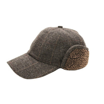 Borg Trim Trapper Hat Mens Stylish Cap with Curved Peak Fleece Lined Earflaps Medium Large Grey Herringbone