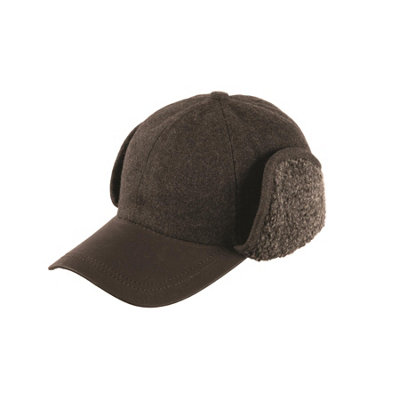 Borg Trim Trapper Hat - Mens Stylish Cap with Curved Peak & Fleece Lined Earflaps - Small/Medium, Charcoal Felt