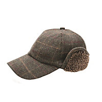 Borg Trim Trapper Hat - Mens Stylish Cap with Curved Peak & Fleece Lined Earflaps - Small/Medium, Green Box Check