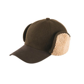 Borg Trim Trapper Hat - Mens Stylish Cap with Curved Peak & Fleece Lined Earflaps - Small/Medium, Olive Felt