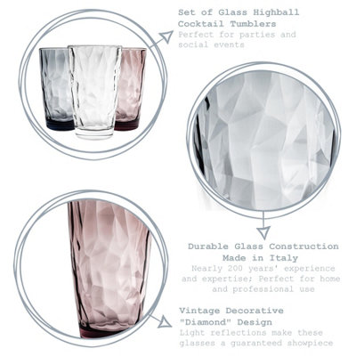 Bormioli Rocco - Diamond Highball Glasses - 470ml - 3 Colours - Pack of 6