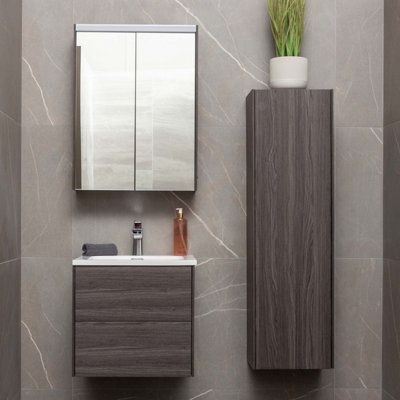Borneo Dark Wood Double Bathroom Mirrored LED Wall Cabinet (W)550mm (H)730mm