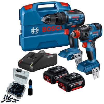 Bosch 18v Brushless Combi Hammer Drill Impact Driver Wrench GSB18V GDX18V + Bits
