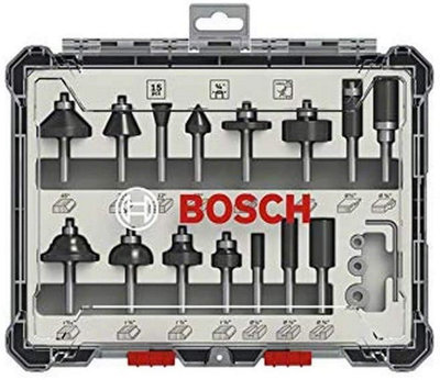 Bosch 2607017473 15 Piece Mixed Router Bit Set Straight 1/4" Shank Cutter + Case