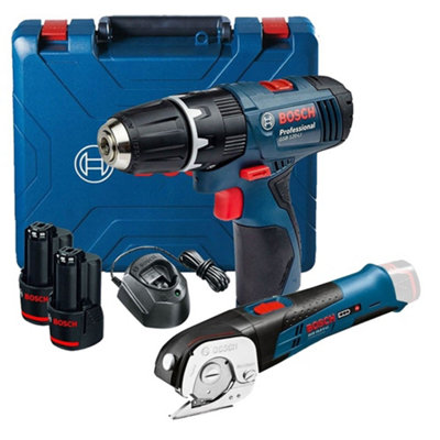 Bosch GSB 120-LI 12v Combi Hammer Drill 2 Speed 2x2ah + GUS Universal Shear