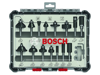 Bosch Professional 15-Piece Mixed Application Router Bit Set - 1/4" Shank