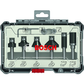 Bosch Professional Router Bit Set 6 pcs Trim&Edging 1/4" shank 6-piece Trim and Edging Router Bit Set with 1/4" shank diameter.