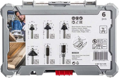 Bosch Professional Router Bit Set 6 pcs Trim&Edging 1/4" shank 6-piece Trim and Edging Router Bit Set with 1/4" shank diameter.