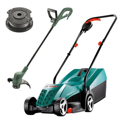 Bosch Rotak 32 Electric Rotary Lawnmower 32cm 1200w & Grass Trimmer Strimmer