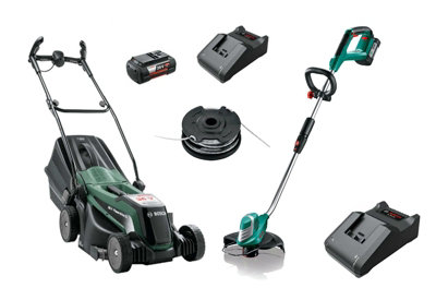 Bosch Universal Rotak 36-550 36v Cordless Lawnmower 37cm & Grass Trimmer 2x Batt
