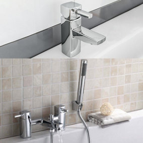 Boston Chrome Square Single Lever Basin Sink Mono & Bath Shower Mixer Tap Set